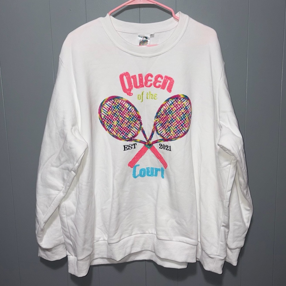 Queen of Sparkles Queen of the Court Tennis Sequin Sweatshirt XL
